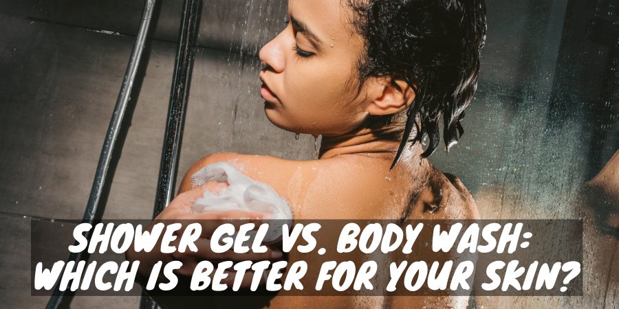 A woman washes her body with a shower gel